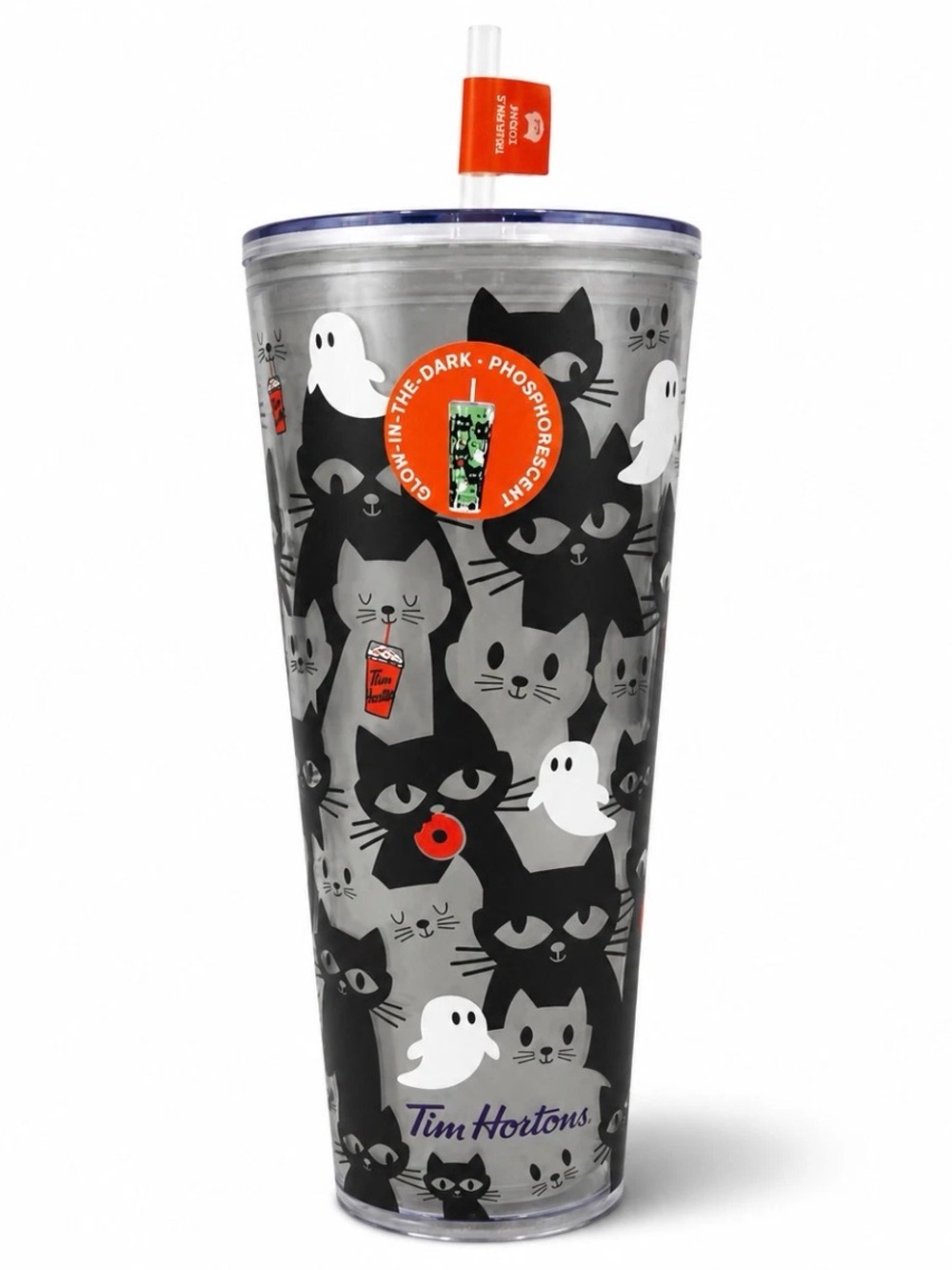 Tim Hortons 2025 Halloween Glow in the Dark Cats Ghosts 24oz Tumbler NWT Spooky